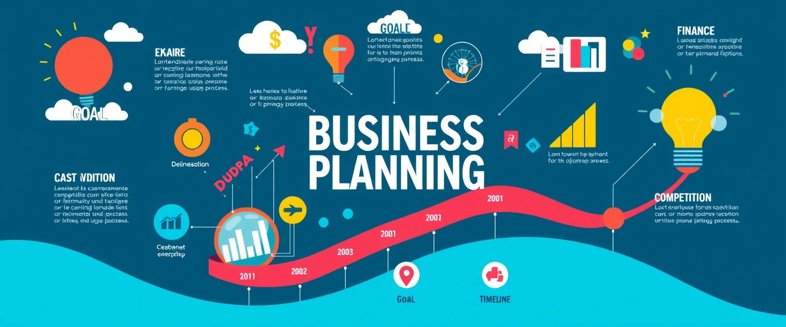 Illustration avec des termes comme Goals, Finance, Competitor, Strategy, Success, Timeline