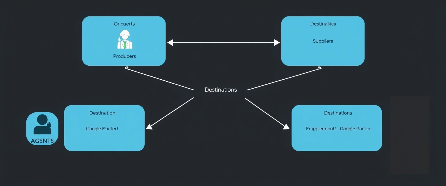 Illustration montrant un diagramme avec des éléments liés au sourcing (Agent, Producer, Supplier, Destination), symbolisant le processus de recherche et sélection de fournisseurs