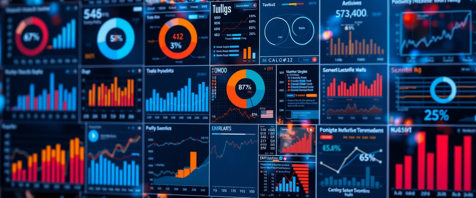 Illustration montrant des documents, des graphiques, des tableaux et un ordinateur, symbolisant des analyses de données et de marché