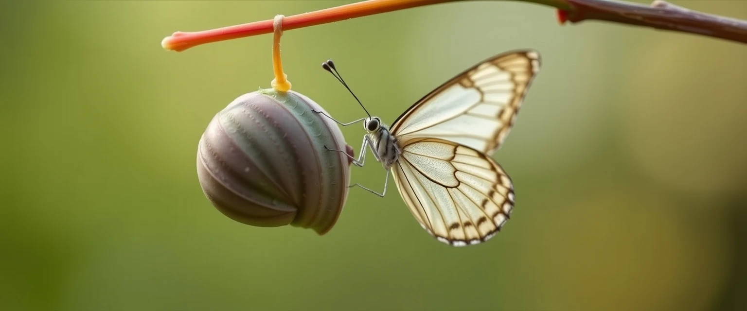 Illustration d'un papillon sortant de sa chrysalide, symbolisant la transformation et le changement